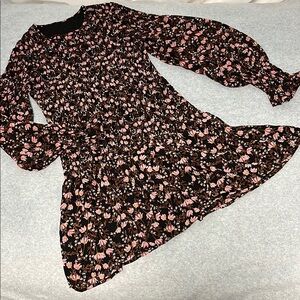 Whimsigoth Smocked Mini Dress Small Dark Floral Sheer Longsleeve Moody Hoco